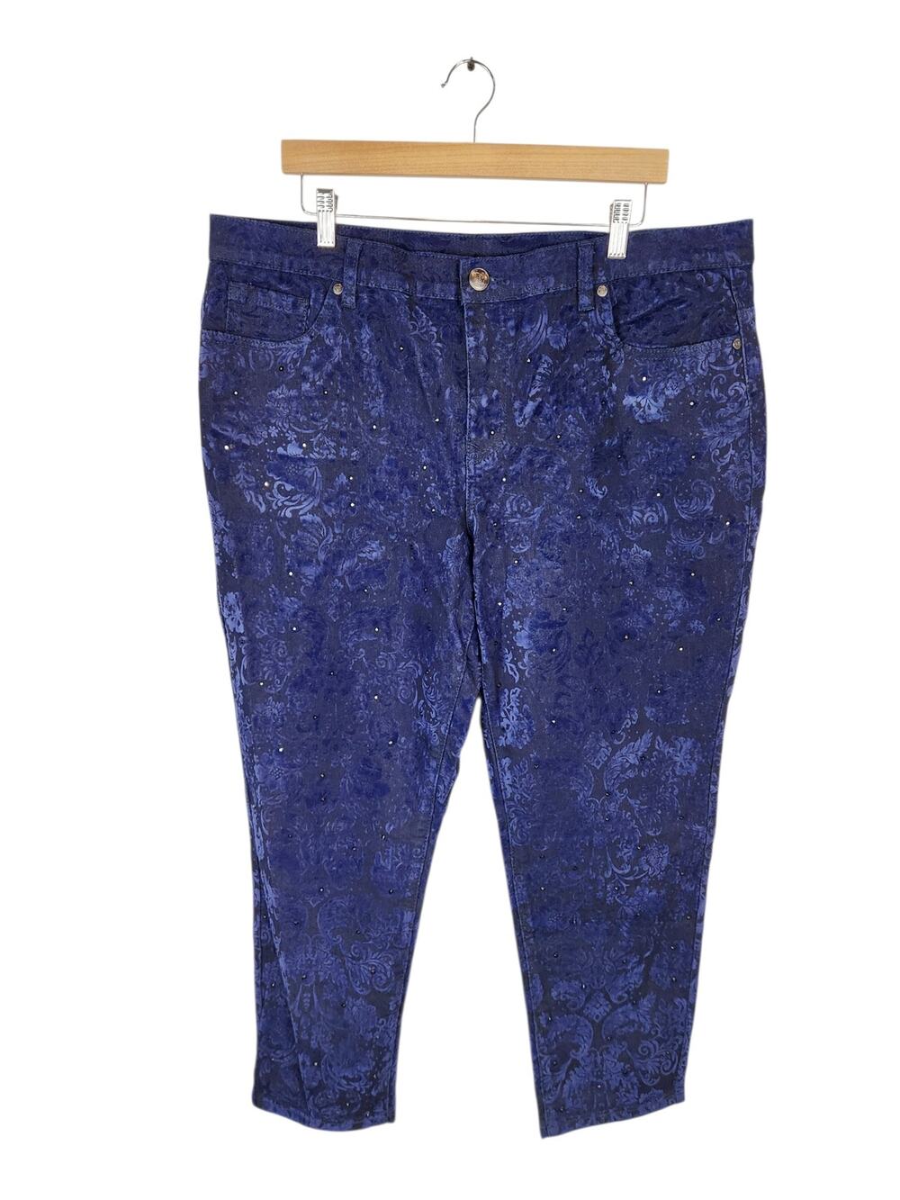 DG2 by Diane Gilman Blue Velvet Textured Floral Rhinestone Pants Women's 18PW